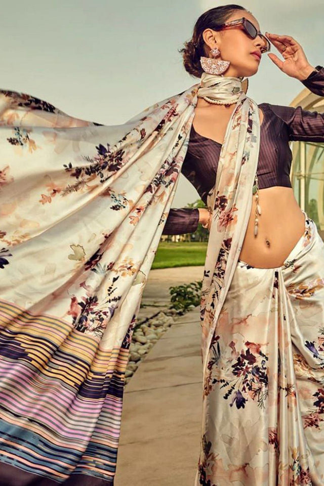 Off White Printed Satin Saree (Sudha-187-C)