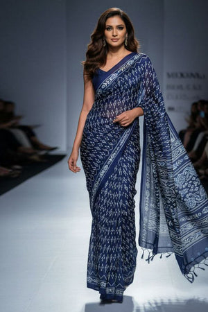 Blue Printed Satin Saree (Sudha-188-A)