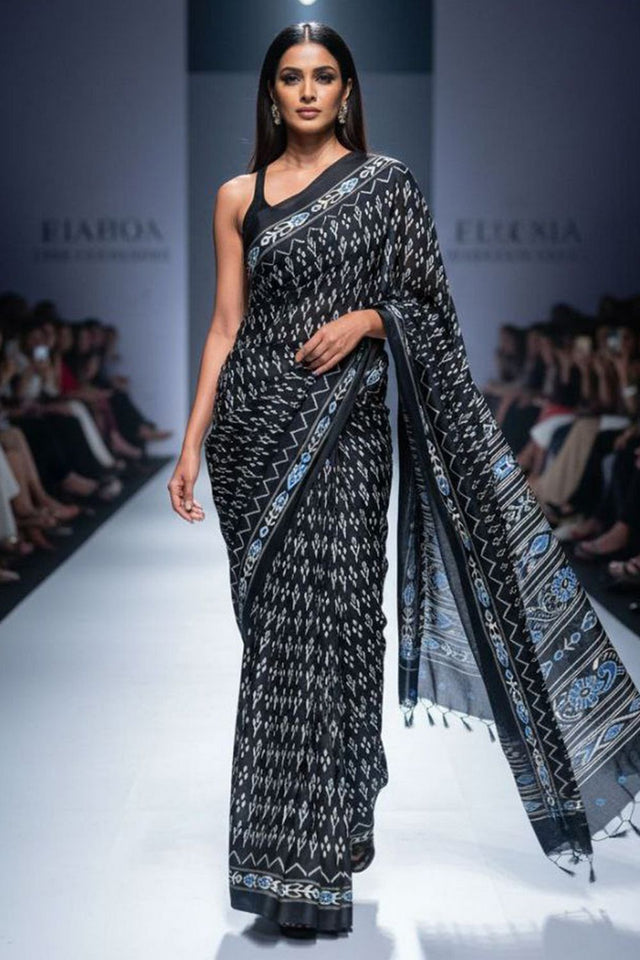 Black Printed Satin Saree (Sudha-188-C)