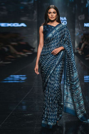Navy Blue Printed Satin Saree (Sudha-188-E)