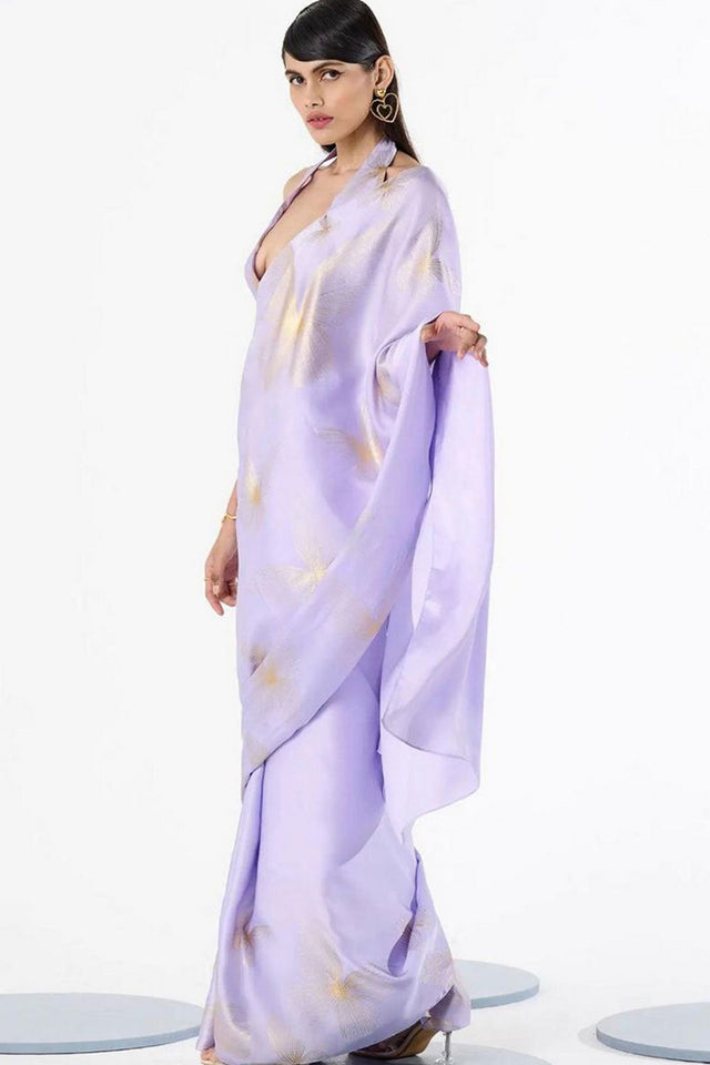 Lavender Printed Satin Saree (Sudha-189)