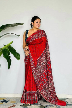 Red Printed Satin Saree (Sudha-190)