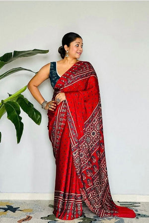 Red Printed Satin Saree (Sudha-190)