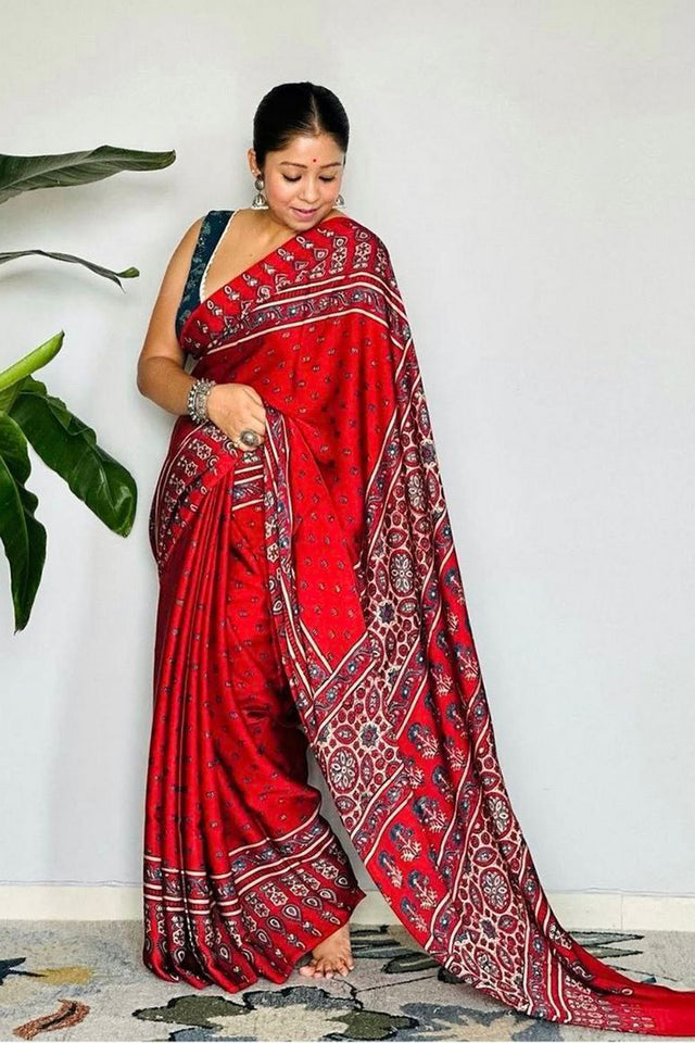 Red Printed Satin Saree (Sudha-190)