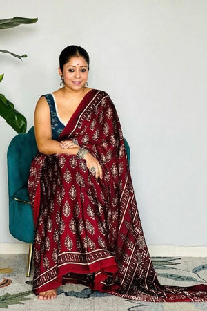 Maroon Printed Satin Saree (Sudha-191)