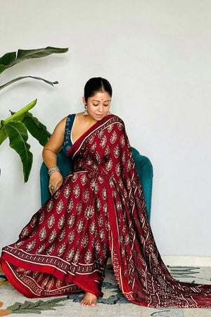 Maroon Printed Satin Saree (Sudha-191)