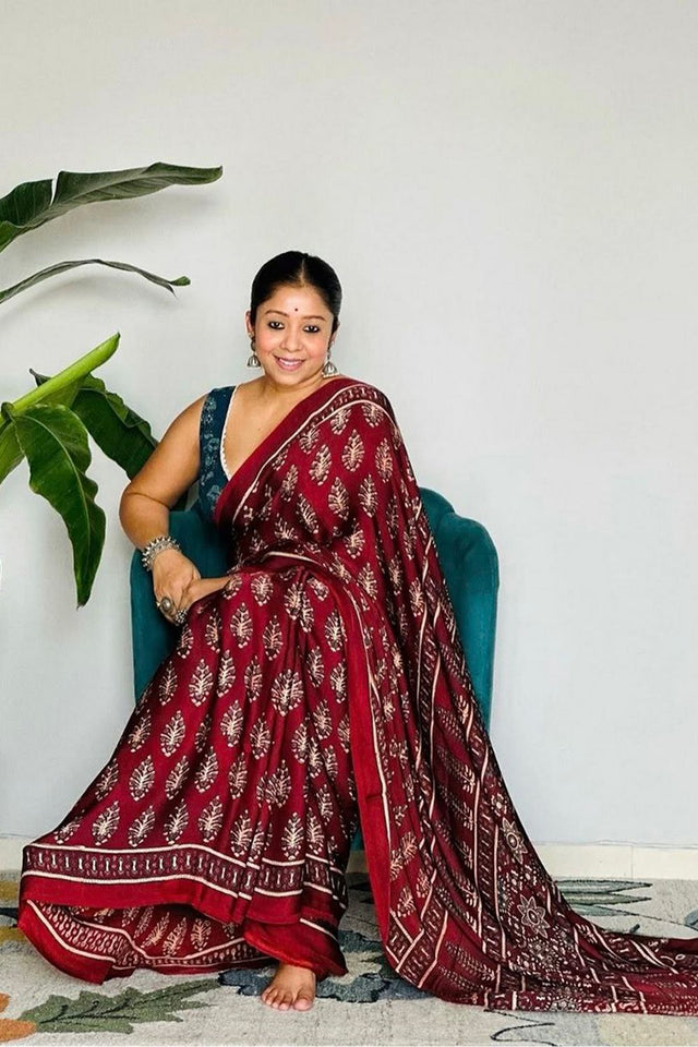 Maroon Printed Satin Saree (Sudha-191)