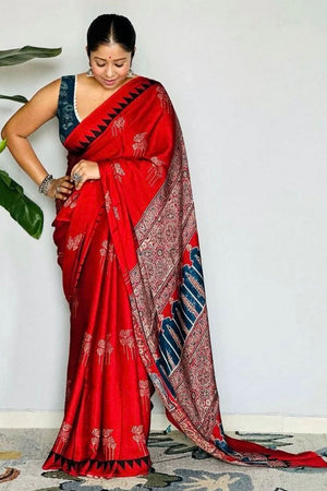 Red Printed Satin Saree (Sudha-192)