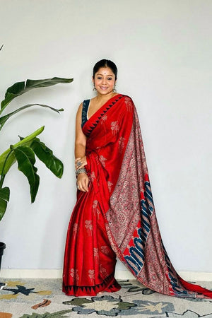 Red Printed Satin Saree (Sudha-192)