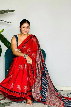Red Printed Satin Saree (Sudha-192)