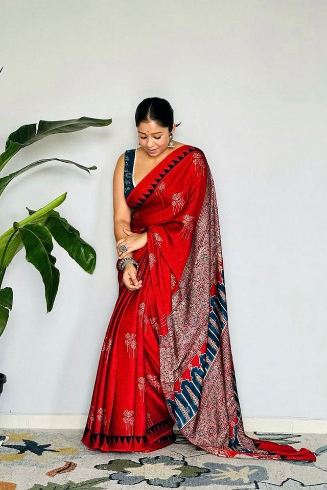Red Printed Satin Saree (Sudha-192)