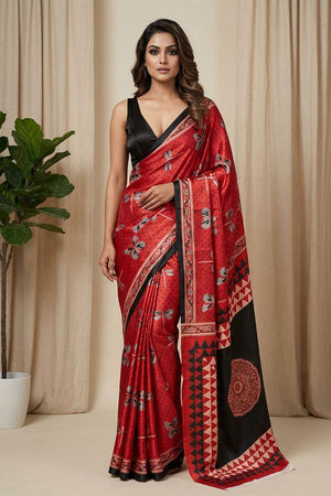 Maroon Printed Satin Saree (Sudha-193)