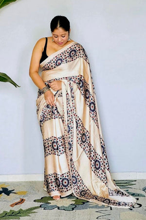 Off White Printed Satin Saree (Sudha-195)