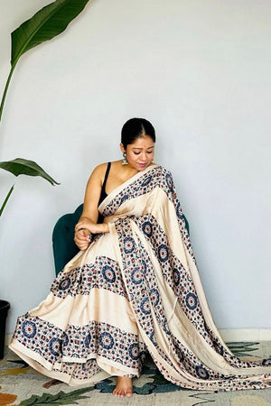 Off White Printed Satin Saree (Sudha-195)