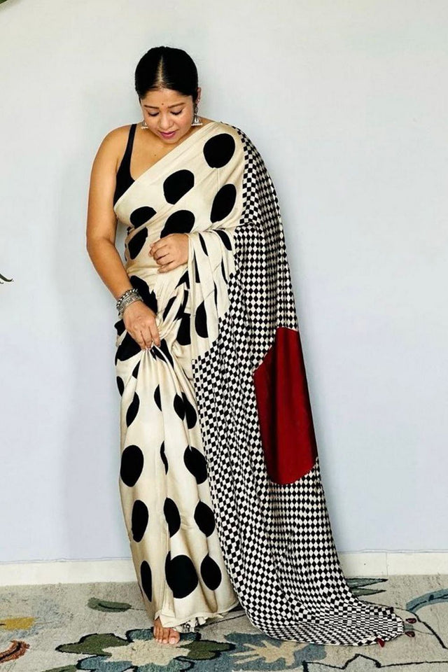 Off White Printed Satin Saree (Sudha-196)