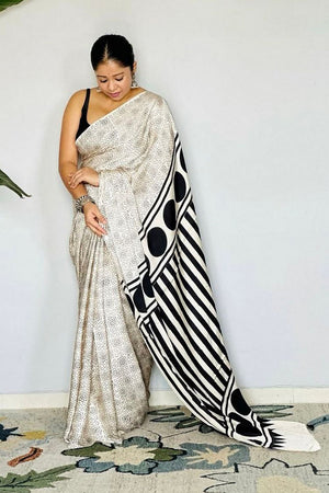 Off White Printed Satin Saree (Sudha-197)