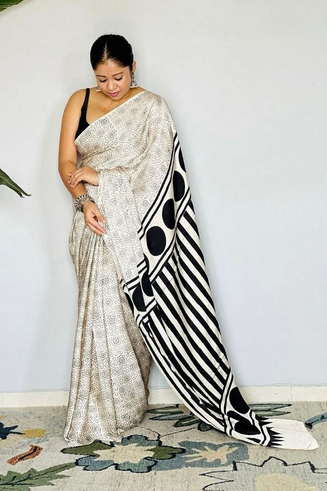 Off White Printed Satin Saree (Sudha-197)