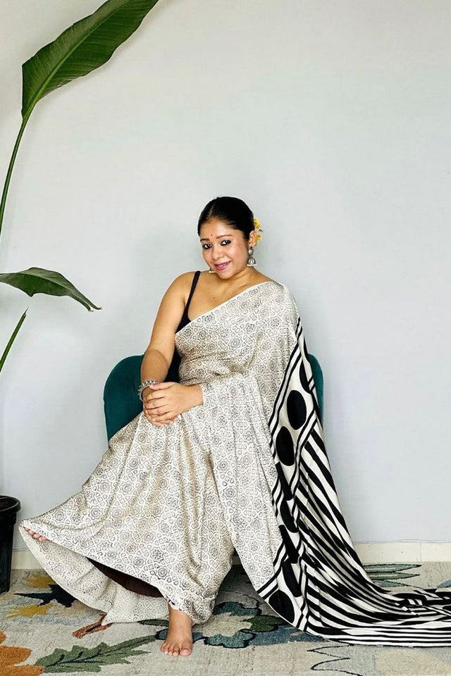 Off White Printed Satin Saree (Sudha-197)