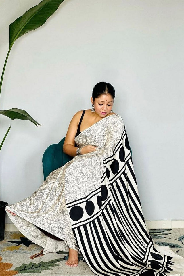 Off White Printed Satin Saree (Sudha-197)