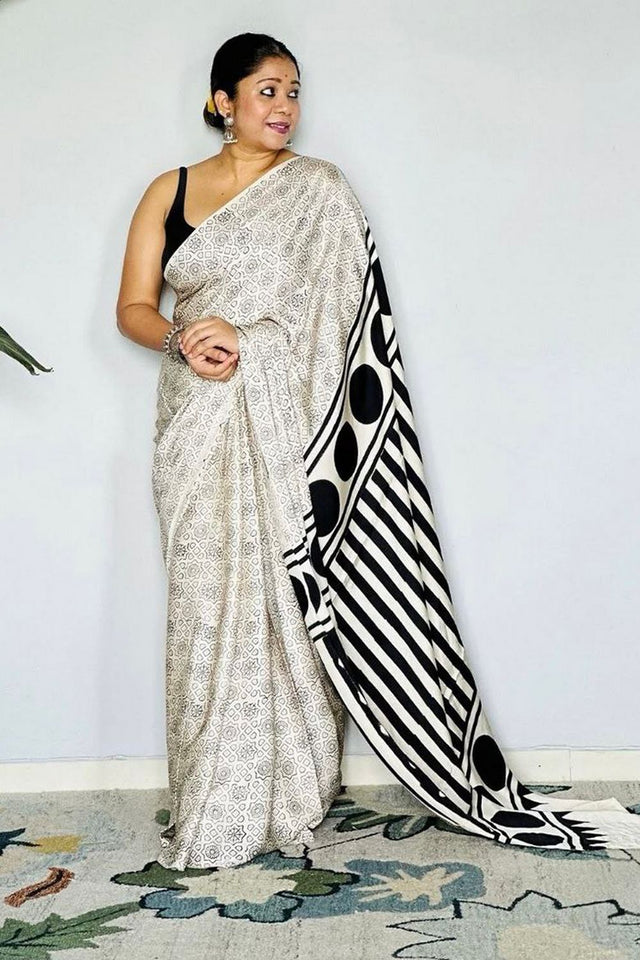 Off White Printed Satin Saree (Sudha-197)