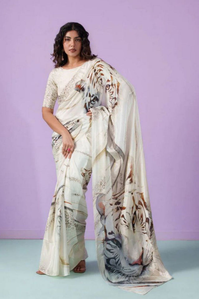 Off White Printed Satin Saree (Sudha-201)