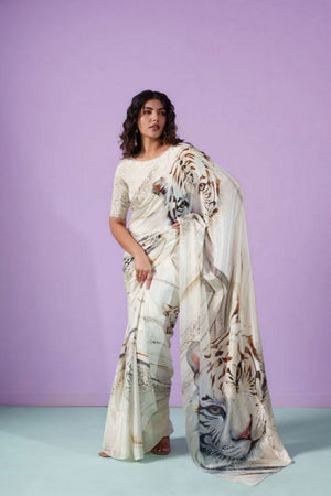 Off White Printed Satin Saree (Sudha-201)