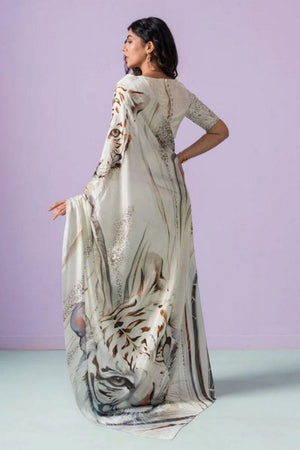 Off White Printed Satin Saree (Sudha-201)