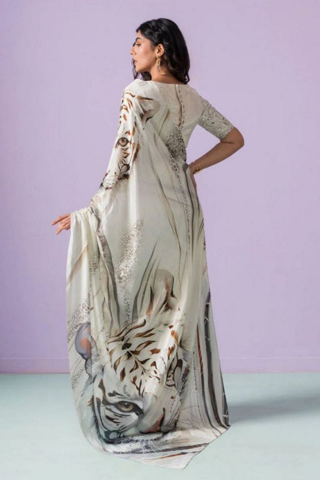 Off White Printed Satin Saree (Sudha-201)