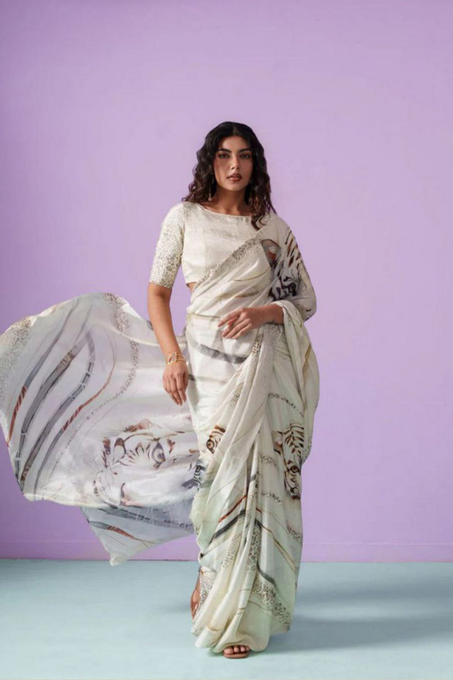 Off White Printed Satin Saree (Sudha-201)