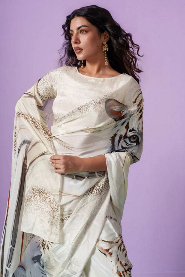 Off White Printed Satin Saree (Sudha-201)