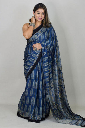 Royal Blue Printed Satin Saree (Sudha-202)