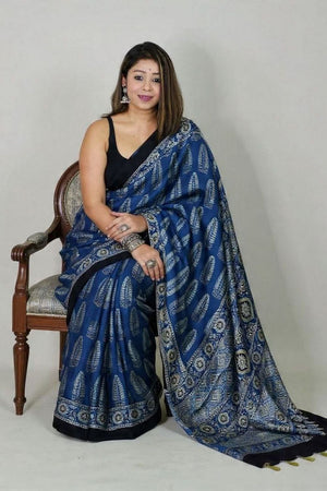 Royal Blue Printed Satin Saree (Sudha-202)