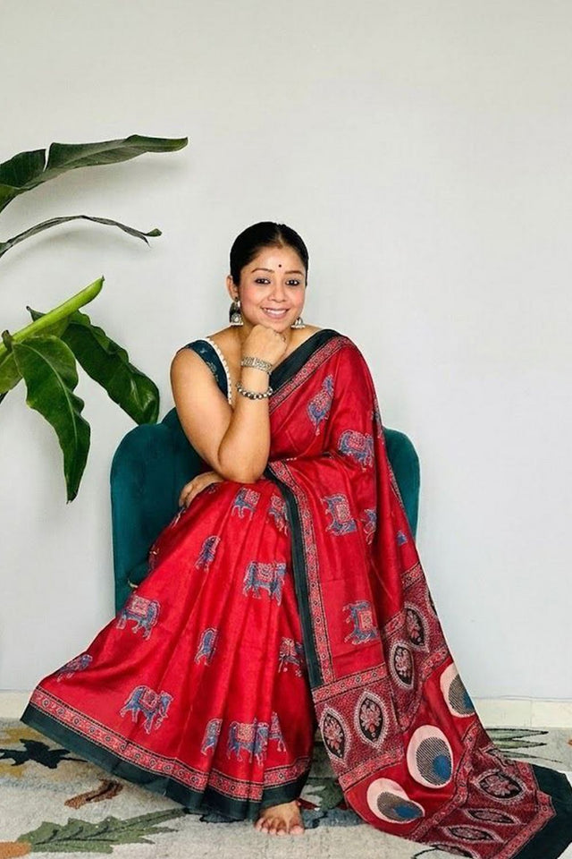 Red Printed Satin Saree (Sudha-205)