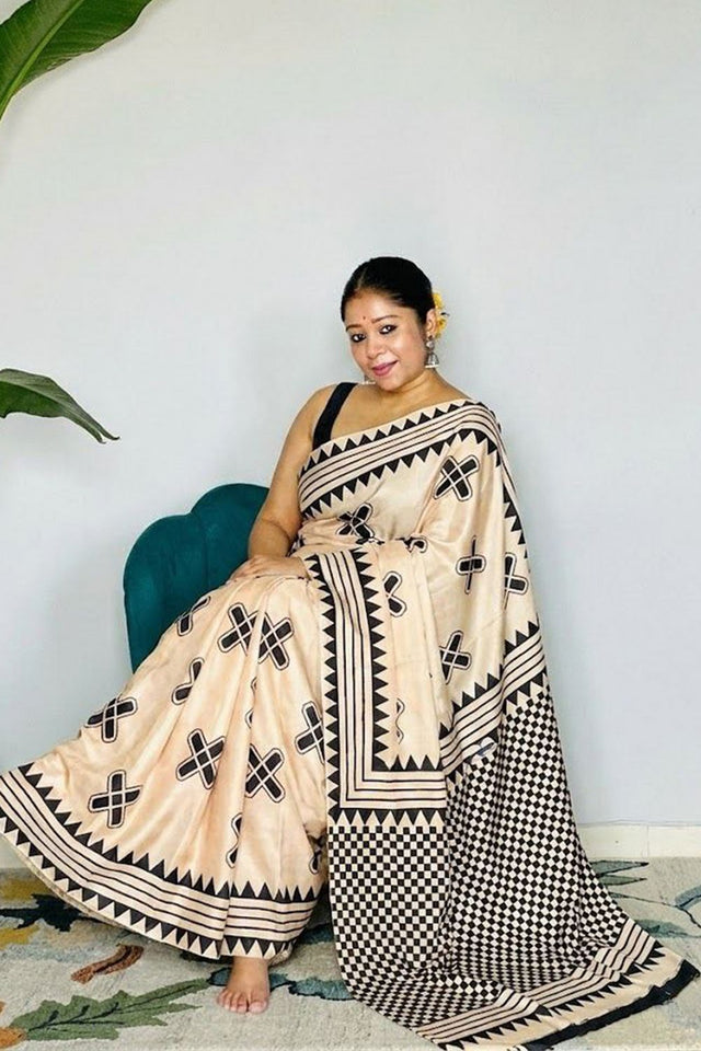 Off White Printed Satin Saree (Sudha-206)