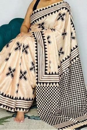 Off White Printed Satin Saree (Sudha-206)