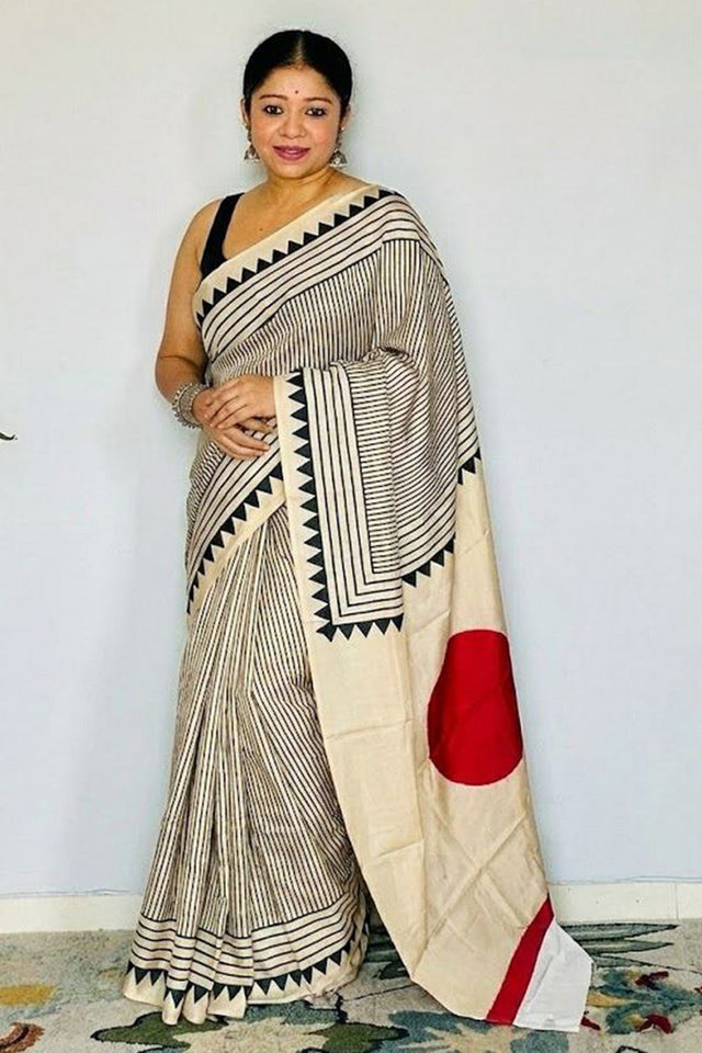 Off White Printed Satin Saree (Sudha-208)