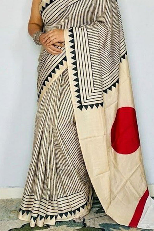 Off White Printed Satin Saree (Sudha-208)