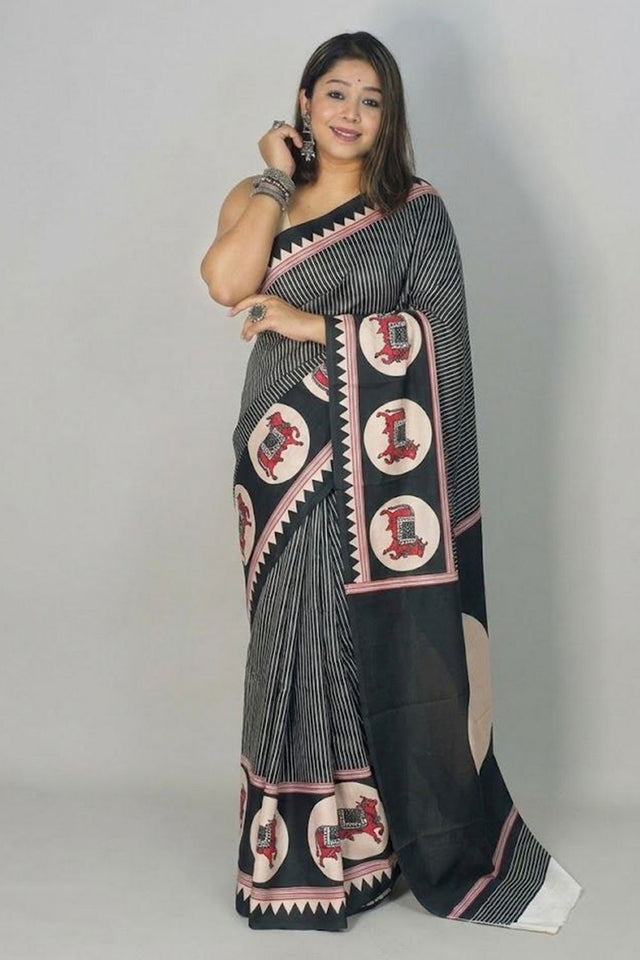 Black Printed Satin Saree (Sudha-209)
