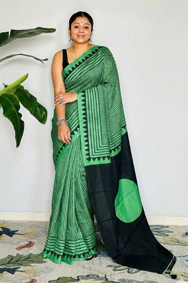 Green Printed Satin Saree (Sudha-210)