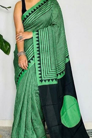 Green Printed Satin Saree (Sudha-210)