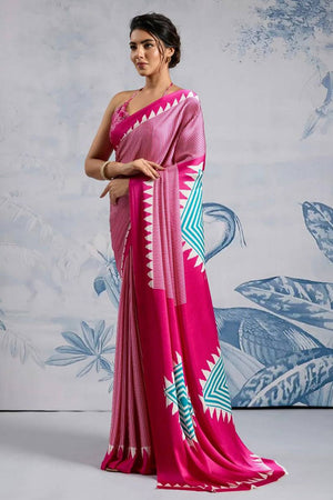 Pink Printed Satin Saree (Sudha-211)