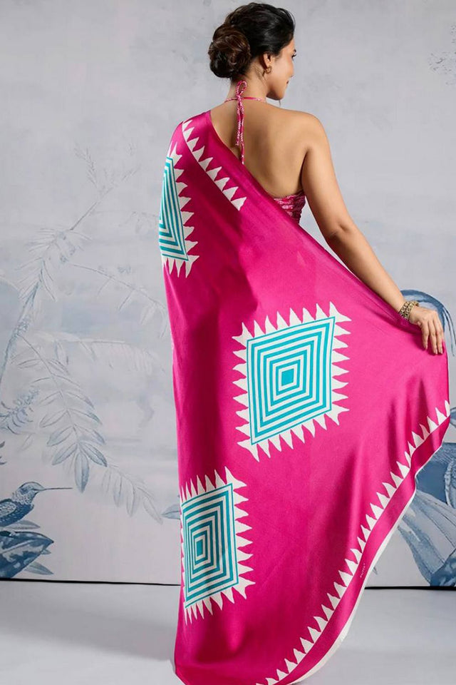 Pink Printed Satin Saree (Sudha-211)