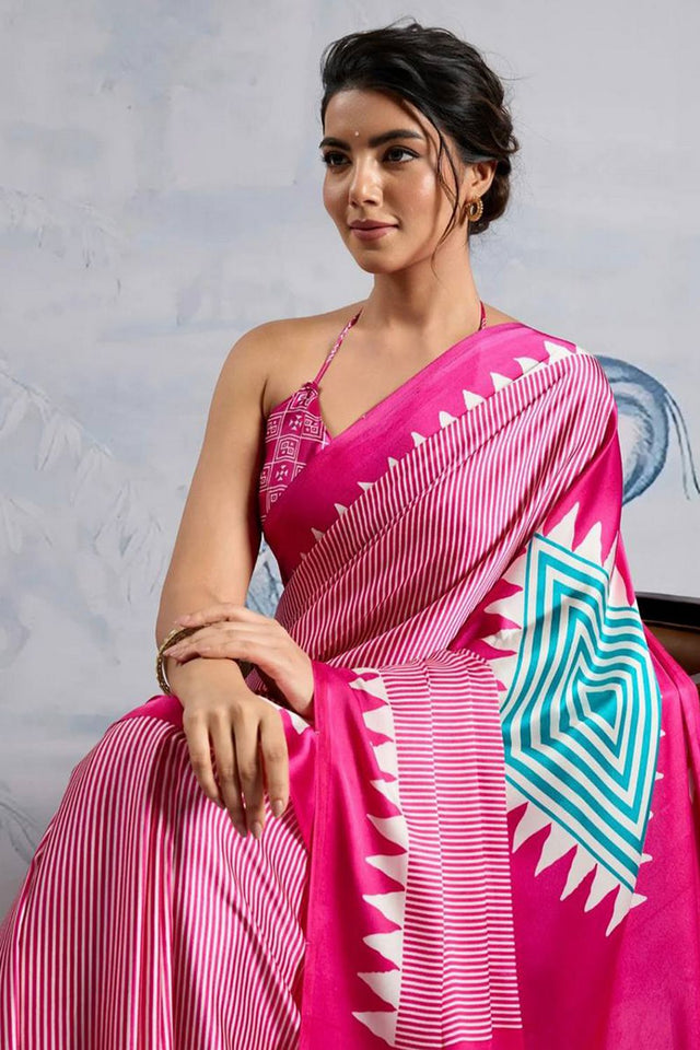 Pink Printed Satin Saree (Sudha-211)