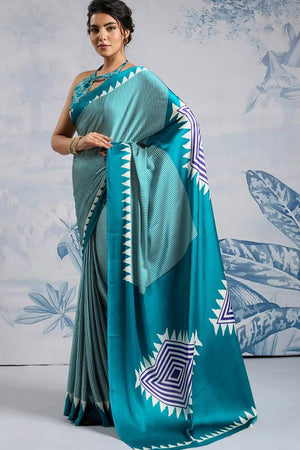 Blue Printed Satin Saree (Sudha-211-A)