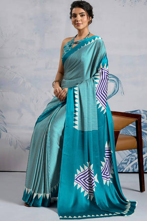 Blue Printed Satin Saree (Sudha-211-A)