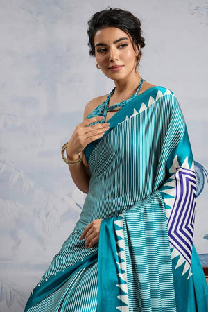 Blue Printed Satin Saree (Sudha-211-A)
