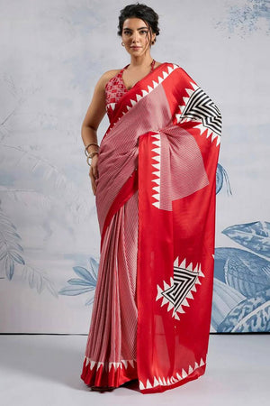 Red Printed Satin Saree (Sudha-211-B)