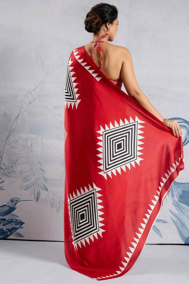 Red Printed Satin Saree (Sudha-211-B)
