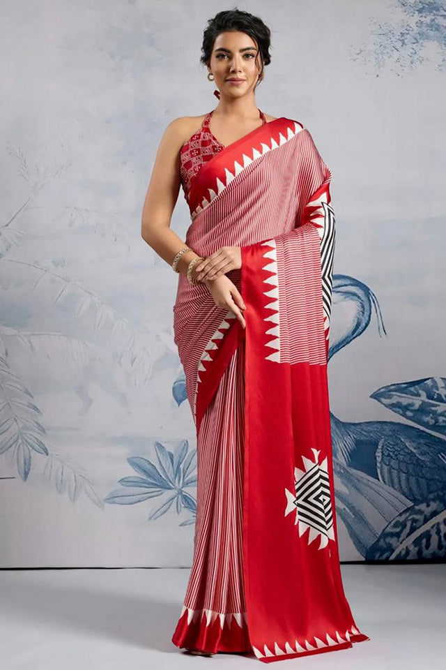 Red Printed Satin Saree (Sudha-211-B)