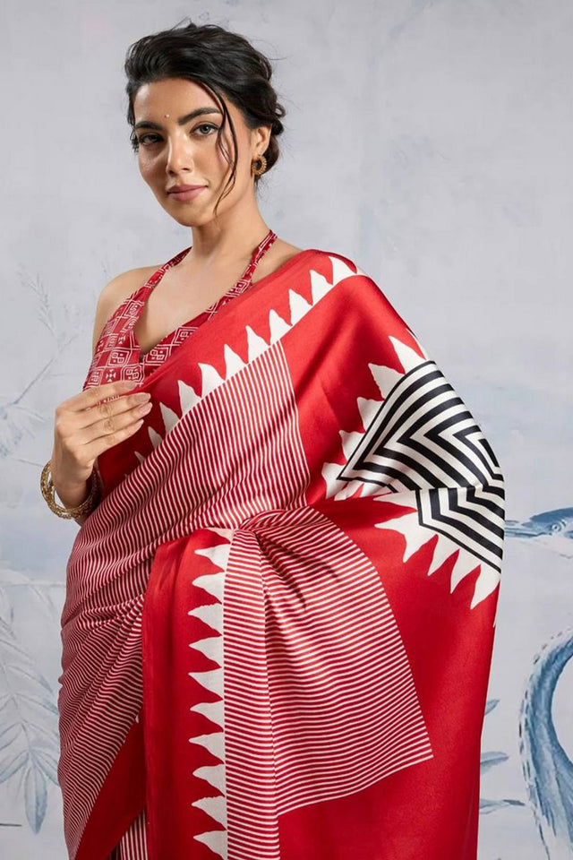 Red Printed Satin Saree (Sudha-211-B)